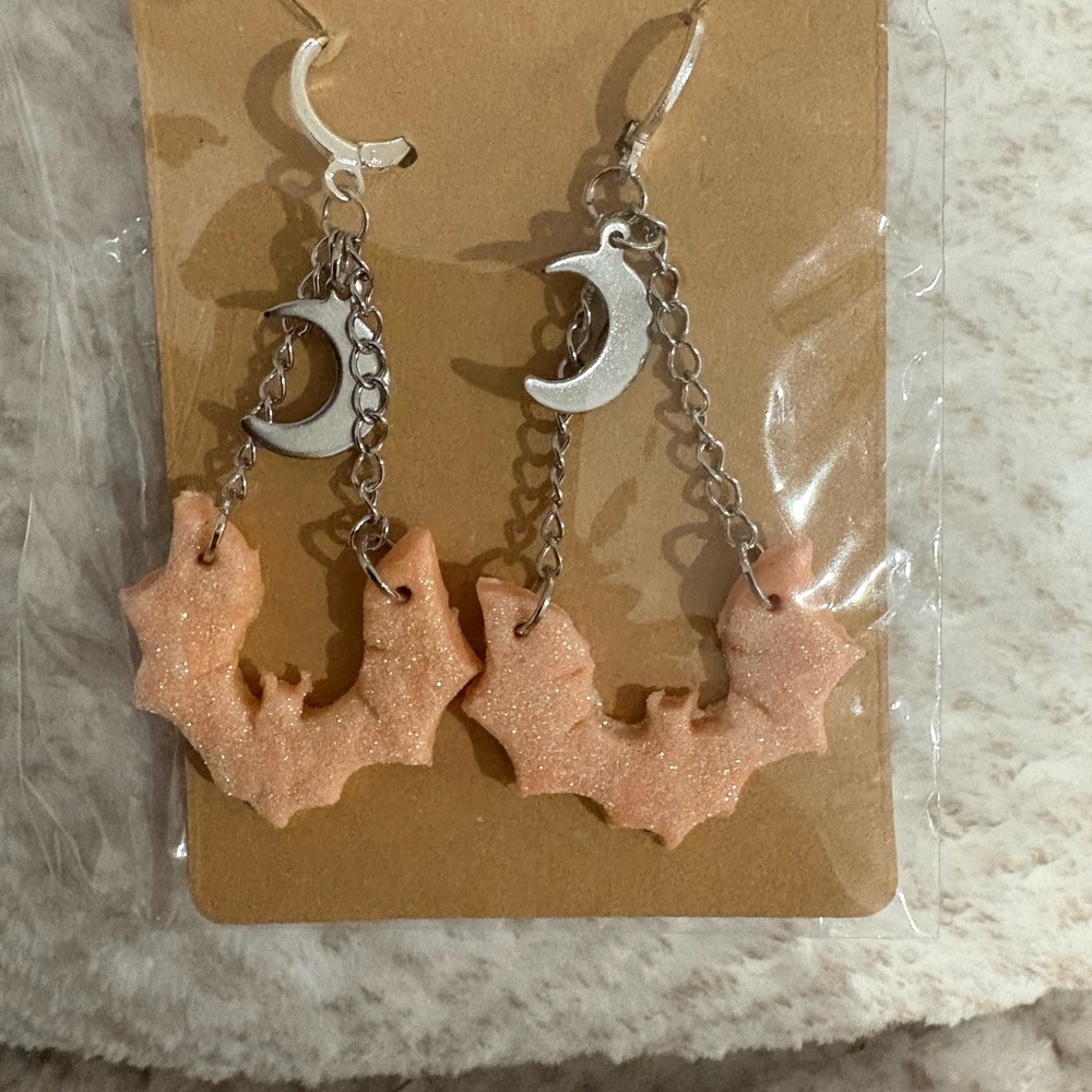 Glitter Bat and Moon with Crescent Moon Earrings.